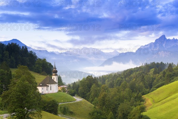 Maria Gern pilgrimage church, view of the Watzmann, in front of sunrise, Berchtesgarden Alps,