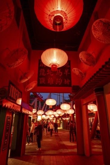 Visitors, Chinese neighbourhood with red lanterns and traditional signs with characters,