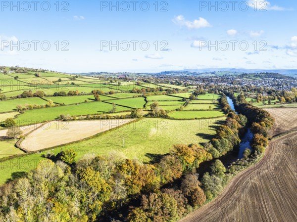 Fields and Farms over River Usk from a drone, Brecon, Brecon Beacons, Powys, Wales, England, United