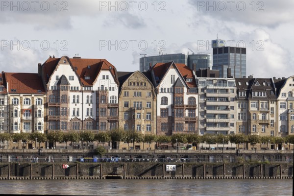 Mannesmannufer, row of houses and Rhine promenade, Düsseldorf, North Rhine-Westphalia, Germany,