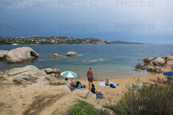 Beach and bizarre granite rocks, Spiaggia del Faraglione, Palau, Costa Smeralda, Sardinia, Italy,