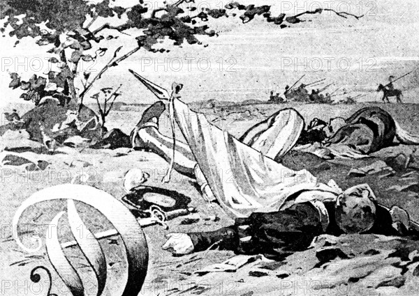 Pictures from the life of a soldier, death, dying for the fatherland, lying on the ground, flags,
