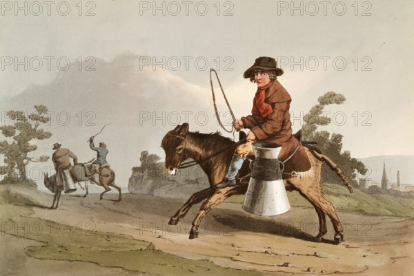 Scene from everyday life in England around 1810, boy transporting milk in a can on a donkey, milk