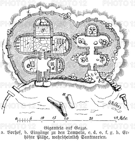 Phoenician temple Ggantija on Gozo, Mediterranean island, Malta, historical illustration 1880,