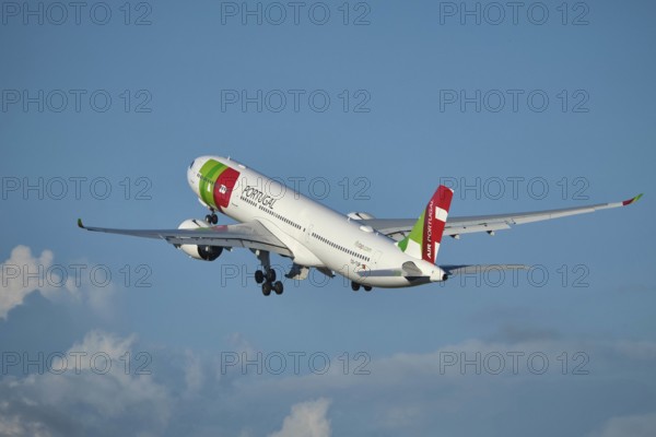 Lisbon, Portugal - September 2, 2023: TAP Air Portugal Airbus A330-941 passenger plane in sky after