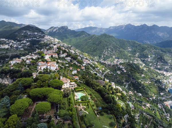 View of Ravello from a drone, Amalfi Coast, Tyrrhenian Sea, Salerno, Campania, Italy, Europe