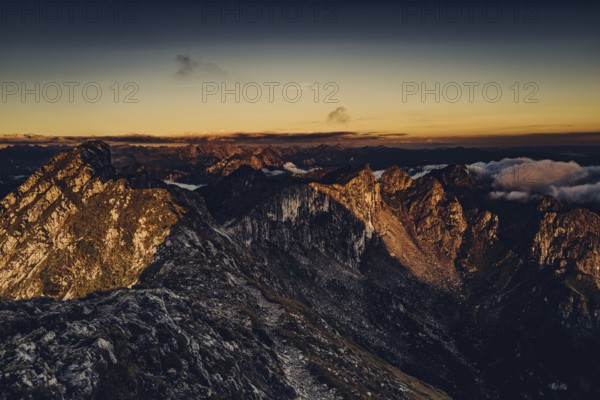 Sunrise hike on the Hochplatte in the Ammergau Alps, Ammergebirge in the Allgäu, Bavaria, Germany,