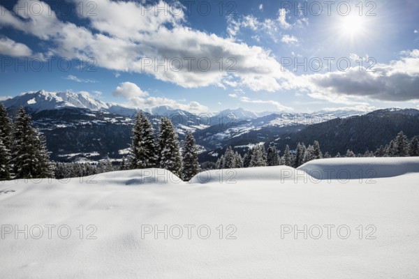 Snow-covered winter landscape, above Flims and Laax, view of the Vorderrheintal, Canton of