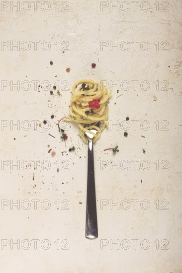 Spaghetti strung on a fork, on the table, dish concept, dish background, top view