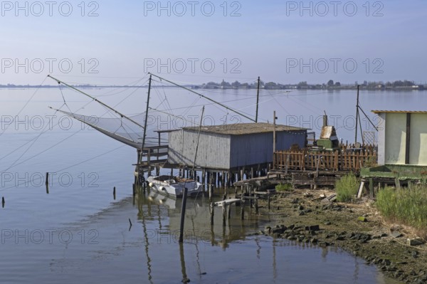 Carrelets, lift nets, lever nets in the Po River Delta, north of Taglio della Falce, Ferrara,