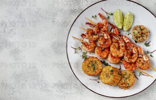 Tiger prawns on skewers, shrimp kebab, with corn, fried, homemade, no people