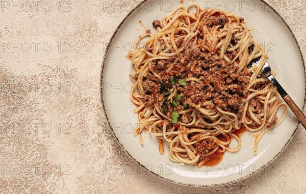 Spaghetti Bolognese, top view, close-up, without people, homemade