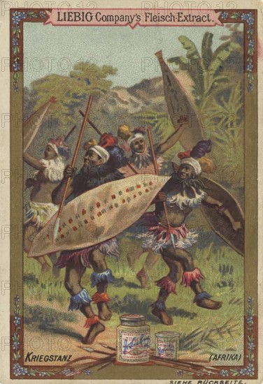 Picture series various dances, war dance of the Negroes in Africa, Liebig picture, digitally