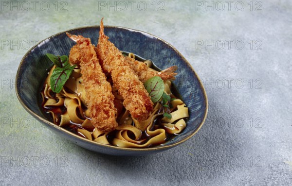 Udon noodles with shrimp in tempura, Japanese cuisine, homemade, no people