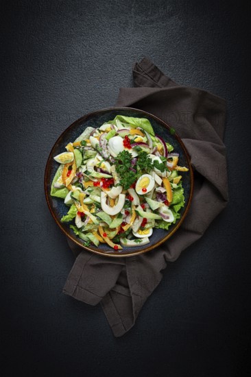 Salad with squid, fresh cucumber, eggs, sweet pepper, red onion, with dressing, homemade, no people