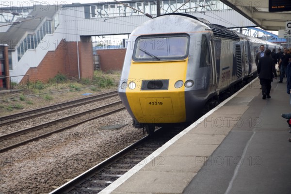 East Coast mainline train at platform, Peterborough station, England, United Kingdom, Europe