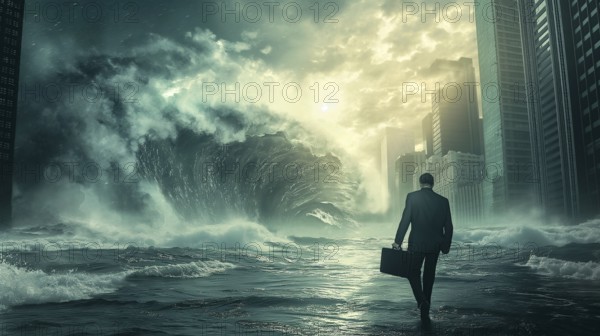 Disheartened businessman standing in the city in the midst of aproaching turbulent crashing waves.