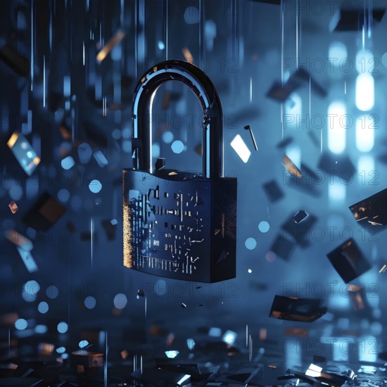 AI generated broken digital padlock shattered on a reflective dark surface strewn with traces of