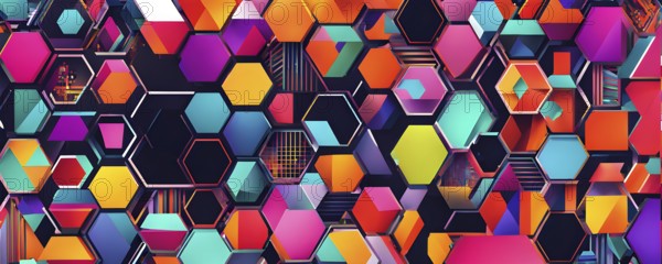 Abstract geometric patchwork illustration with vibrant intersecting geometric shapes filled with