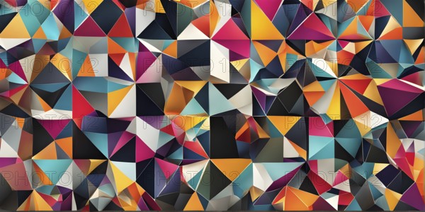 Abstract geometric patchwork illustration with vibrant intersecting geometric shapes filled with