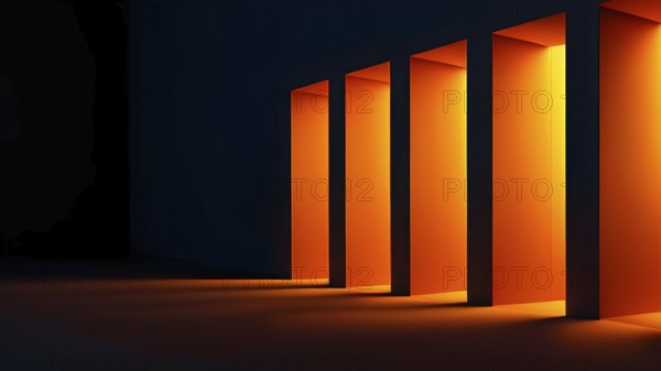 Windows aligned within an elongated tunnel permeated with gradients of orange hues, AI generated