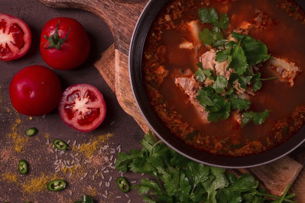Kharcho soup, traditional Georgian dish, spicy soup, red, homemade, no people