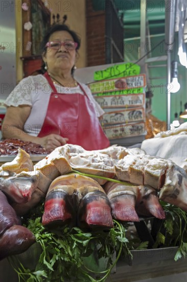 Oaxaca, Mexico, A vendor sells bull's feet and other meats at the Benito Juarez Market. Opened in