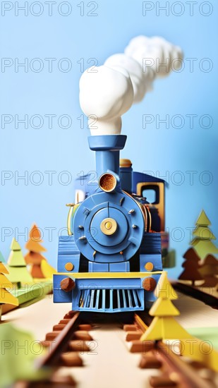 Vintage wooden locomotive toy with a playful design in front of blue background, AI generated