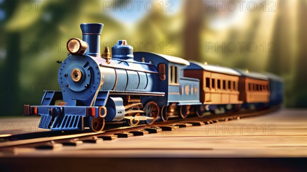 Vintage wooden locomotive toy with a playful design in front of blurred background, AI generated