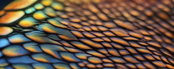 Vibrant butterfly wing with iridescent scales and network of veins, AI generated