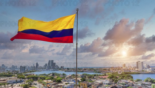 Colombia, scenic view of Cartagena cityscape, modern skyline, hotels and ocean bays Bocagrande and
