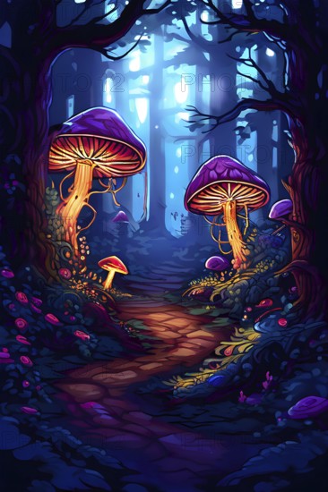 Enchanted magical forest in pixel art style with glowing mushrooms, AI generated