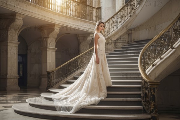 Happy young elegant bride in luxury dress and luxury setting waiting for wedding ceremony to begin,