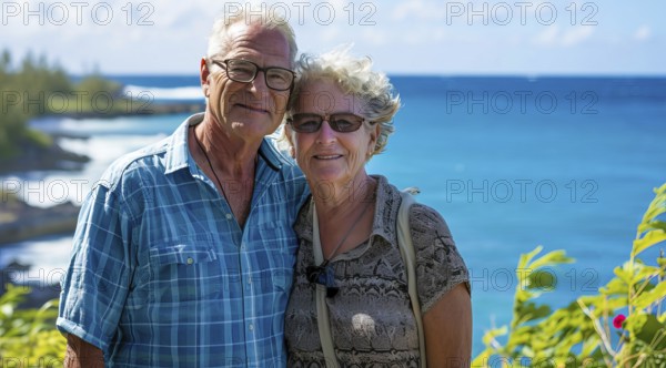 Healthy and happy active senior couple enjoying retirement close to a beach property, AI generated