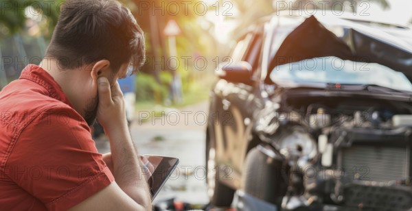 A man sits on the ground next to a car that has been in an accident. He is looking at the car with