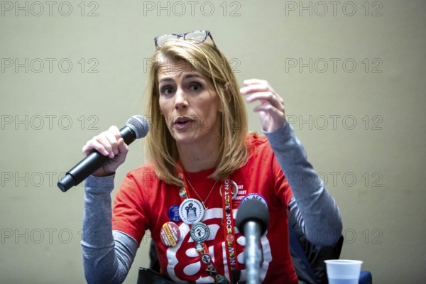 Chicago, Illinois, Sara Nelson, president of the Association of Flight Attendants-CWA, speaks at