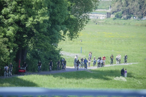 Men's groups out and about on the Dresden Elbe cycle path, Dresden, Saxony, Germany, Europe