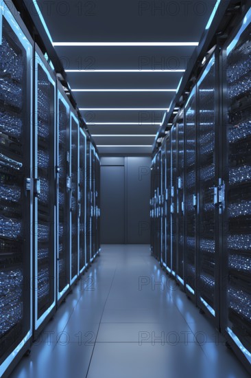 Modern server room teeming with racks of servers, AI generated
