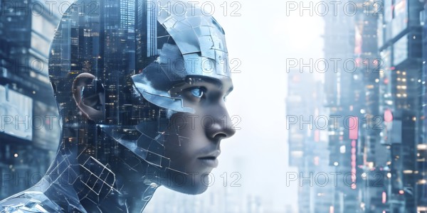 Digital representation of a multiple exposure photograph featuring a cyber human and an urban