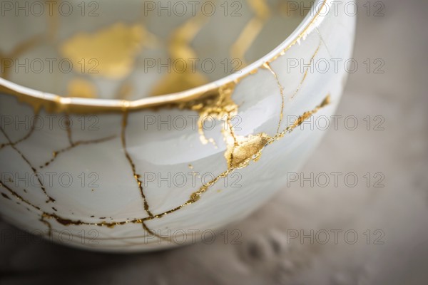 Japanese Kintsugi bowl with ceramic repair technique that uses lacquer mixed with powdered gold. KI