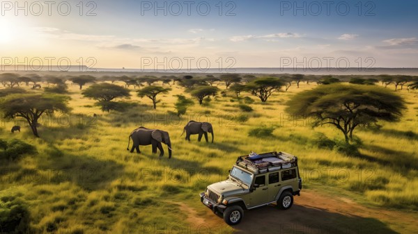 Aerial view of african savanna with elephants and a safari jeep parked, AI generated