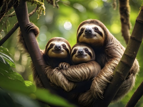 Sloth family lounging in jungle treetops, AI generated