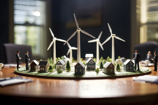 Scale model of a wind turbine adjacent to miniature houses, AI generated
