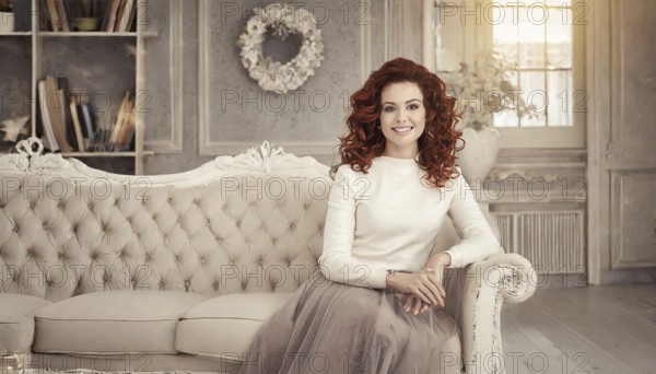 Woman sitting on a stylish sofa in a room with bookshelves and a wreath on the wall, AI generated,