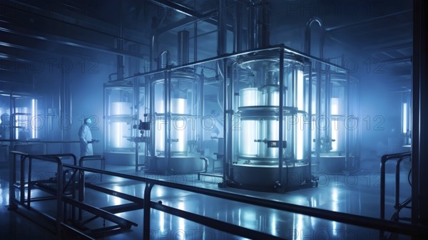Mechanized pharmaceutical bioreactor in a manufacturing laboratory, AI generated