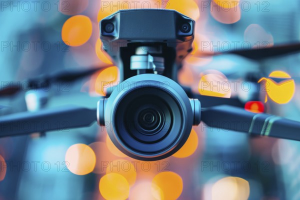 Video and photo camera lens of flying drone. Generative Ai, AI generated