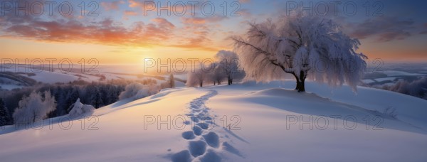 Footprints in fresh snow on a hill with a row of trees in winter in golden sunrise light, AI