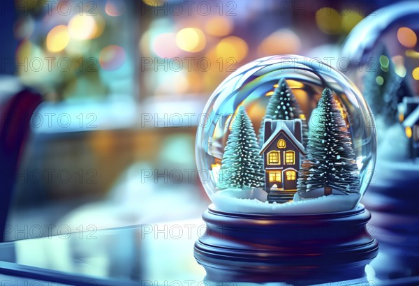 Winter Wonderland in Glass Ball Snow Globe on table and blurred bokeh background, AI generated