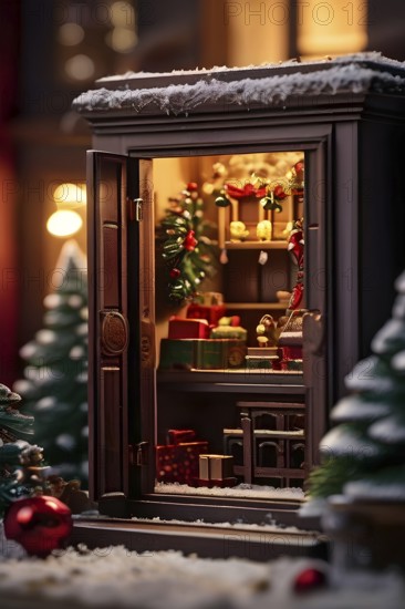 Traditional advent calendar door opening, showing a tiny festive scene inside with miniature