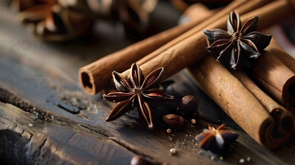 Christmas spices like cinnamon sticks, star anise, and cloves arranged on a wooden table, with soft